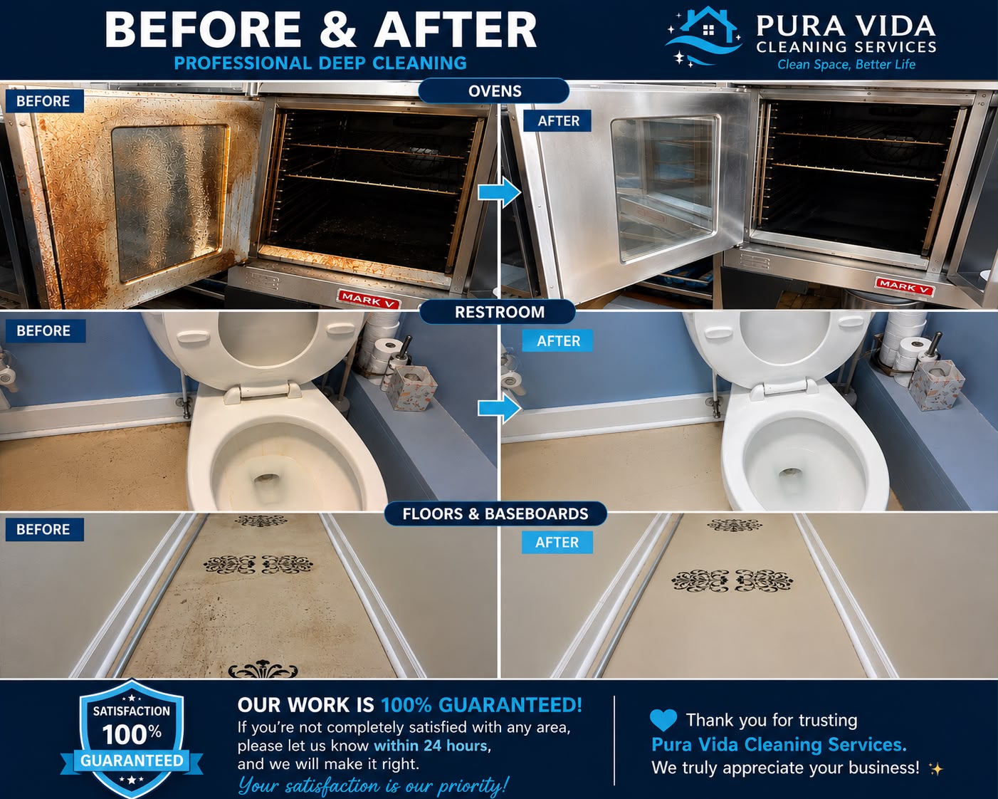 Real results: ovens, restrooms, floors & baseboards — before and after our professional deep cleaning.