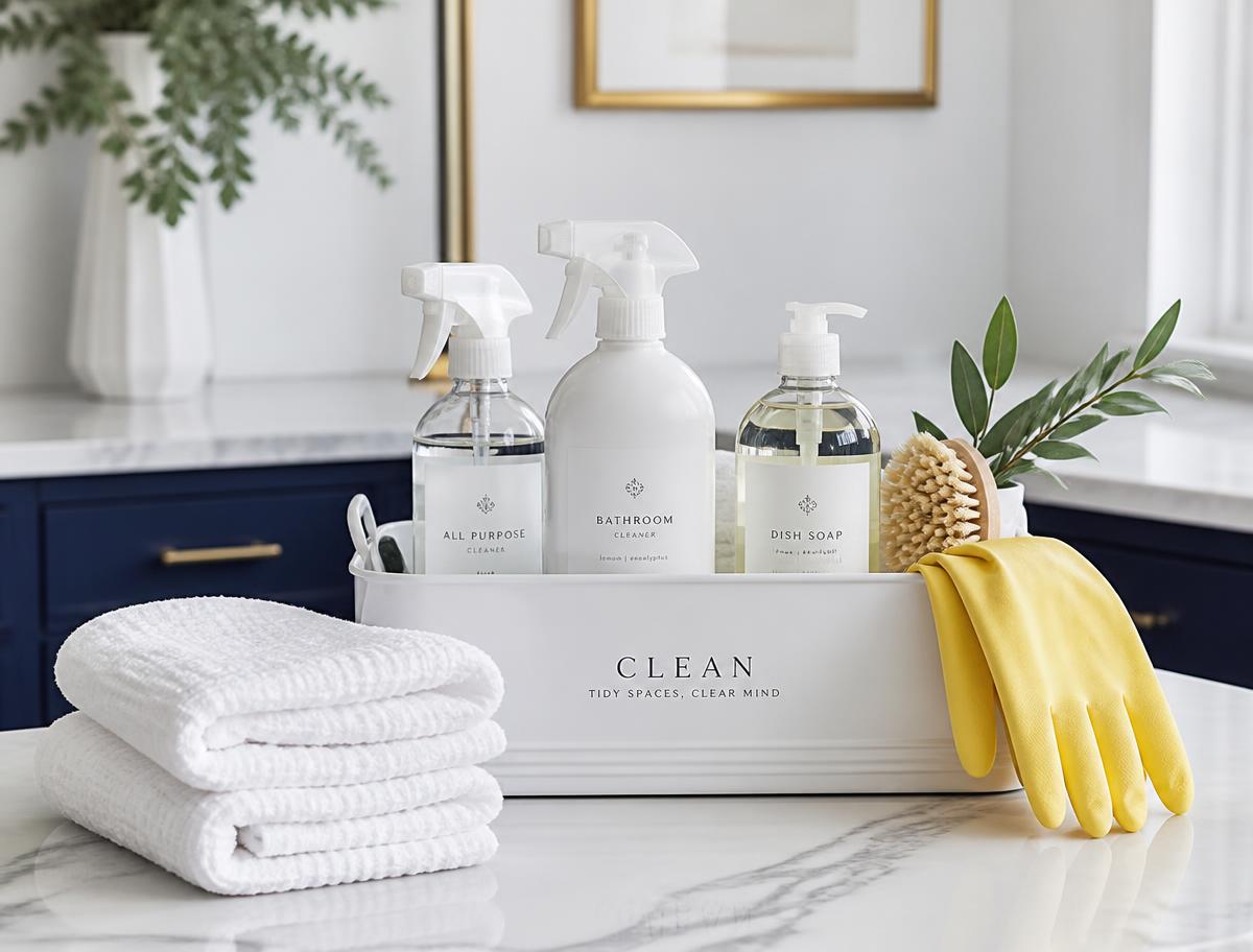 Cleaning caddy with spray bottles and folded towels